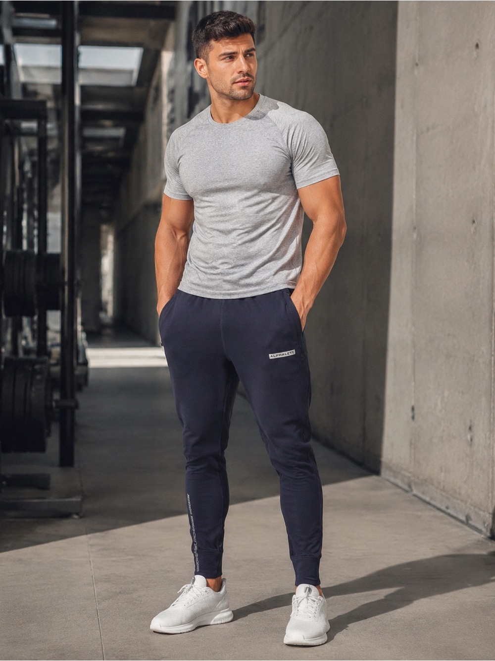 Alphalete Men’s Navy Slim Tapered Performance Joggers Reflective Logo • Medium